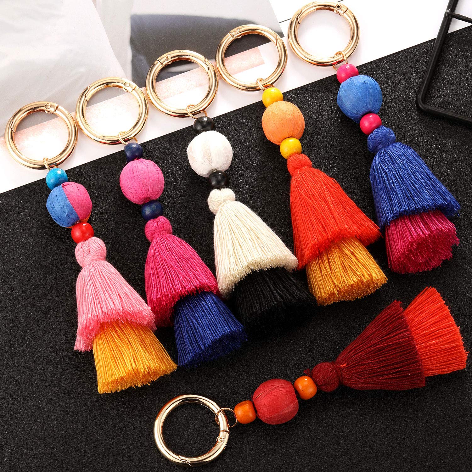 Tatuo 6 Pieces Handmade Bohemian Tassel Keychain Tassels Bag Key Chain Charm Handbags Pendant Key Chain Rings (Color Set 2)