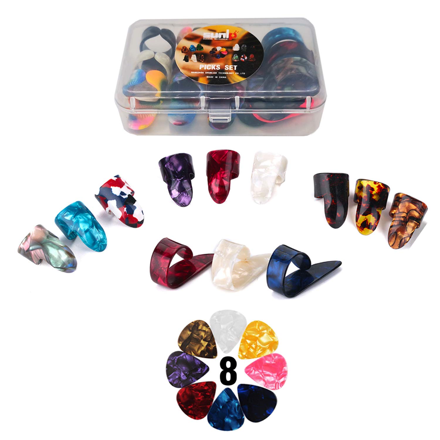 Thumb Finger Picks Plectrum With Plastic Picks Case, 1 Dozen (3 Pairs) SUNLP Celluloid Guitar thumb finger picks Mandolin Banjo thumb finger picks and Free 8pcs 0.46mm Guitar Picks (Mix Color)