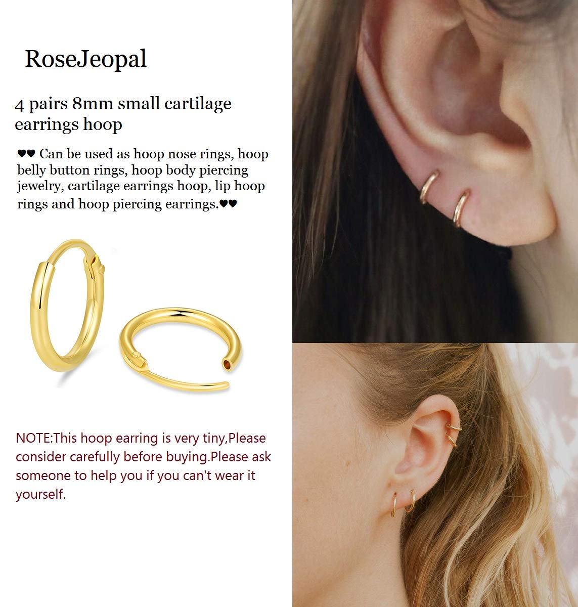 Hoop Earring 14K Gold Plated S925 Sterling Silver Endless Hoop Earring Set for Women Men 8mm-12mm (4 pairs 14K gold 8MM)