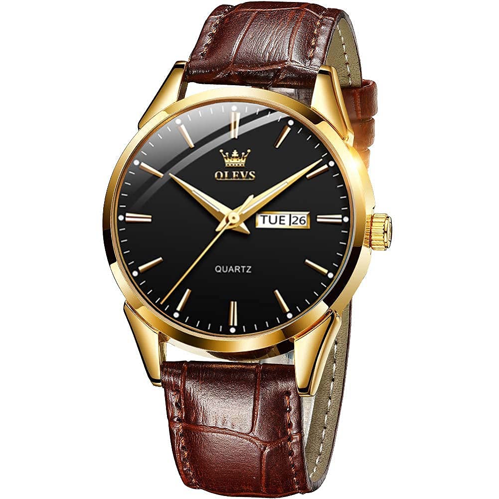 QBAIZI Mens Watches Black Face Day Date Gold Dress Watch for Men Brown Leather Band Classic Minimalist Analog Men's Wrist Watches Waterproof Reloj para Hombre