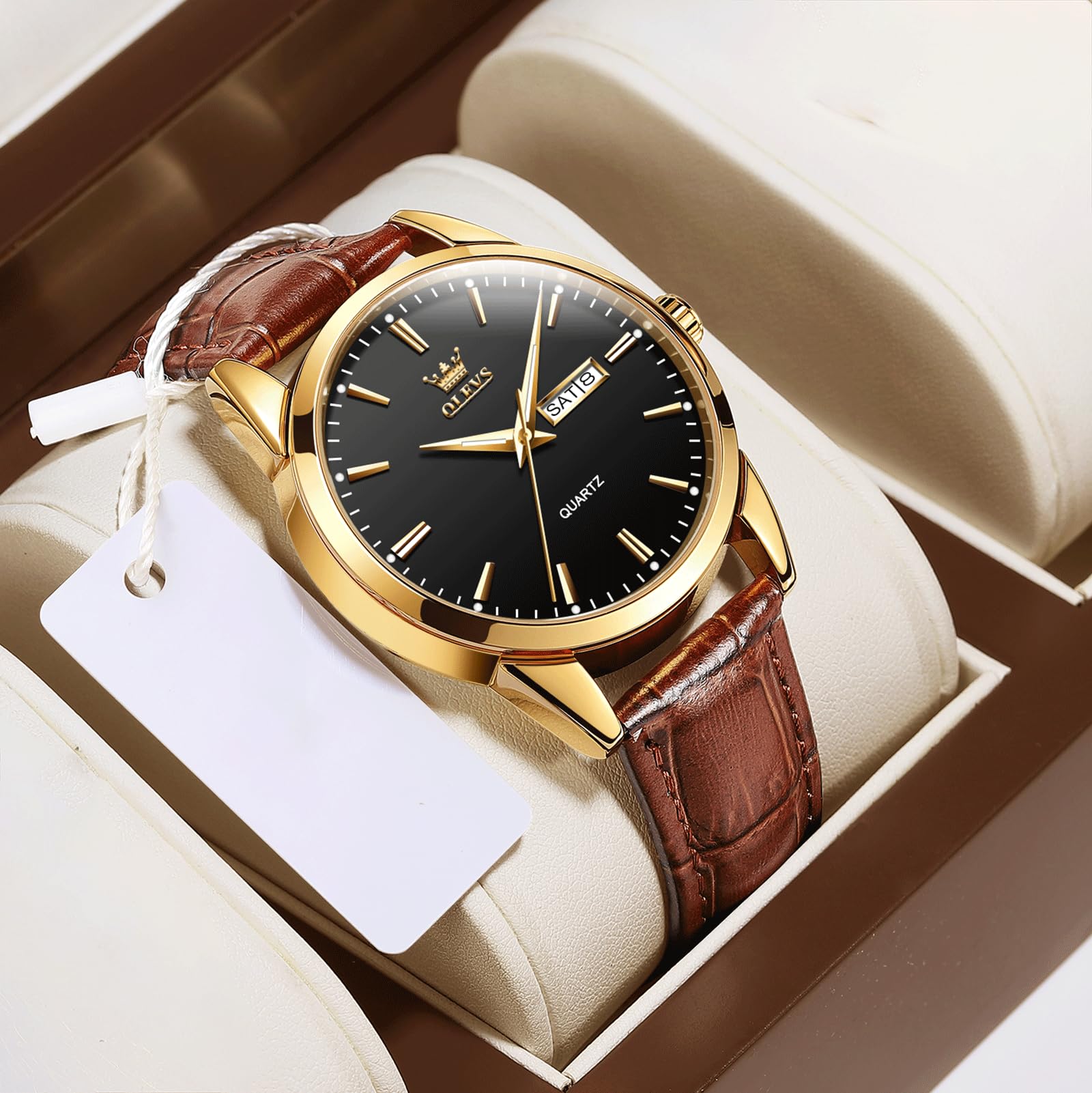 QBAIZI Mens Watches Black Face Day Date Gold Dress Watch for Men Brown Leather Band Classic Minimalist Analog Men's Wrist Watches Waterproof Reloj para Hombre