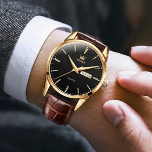 QBAIZI Mens Watches Black Face Day Date Gold Dress Watch for Men Brown Leather Band Classic Minimalist Analog Men's Wrist Watches Waterproof Reloj para Hombre