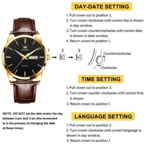 QBAIZI Mens Watches Black Face Day Date Gold Dress Watch for Men Brown Leather Band Classic Minimalist Analog Men's Wrist Watches Waterproof Reloj para Hombre