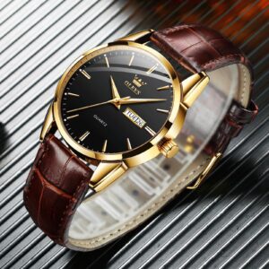 QBAIZI Mens Watches Black Face Day Date Gold Dress Watch for Men Brown Leather Band Classic Minimalist Analog Men's Wrist Watches Waterproof Reloj para Hombre