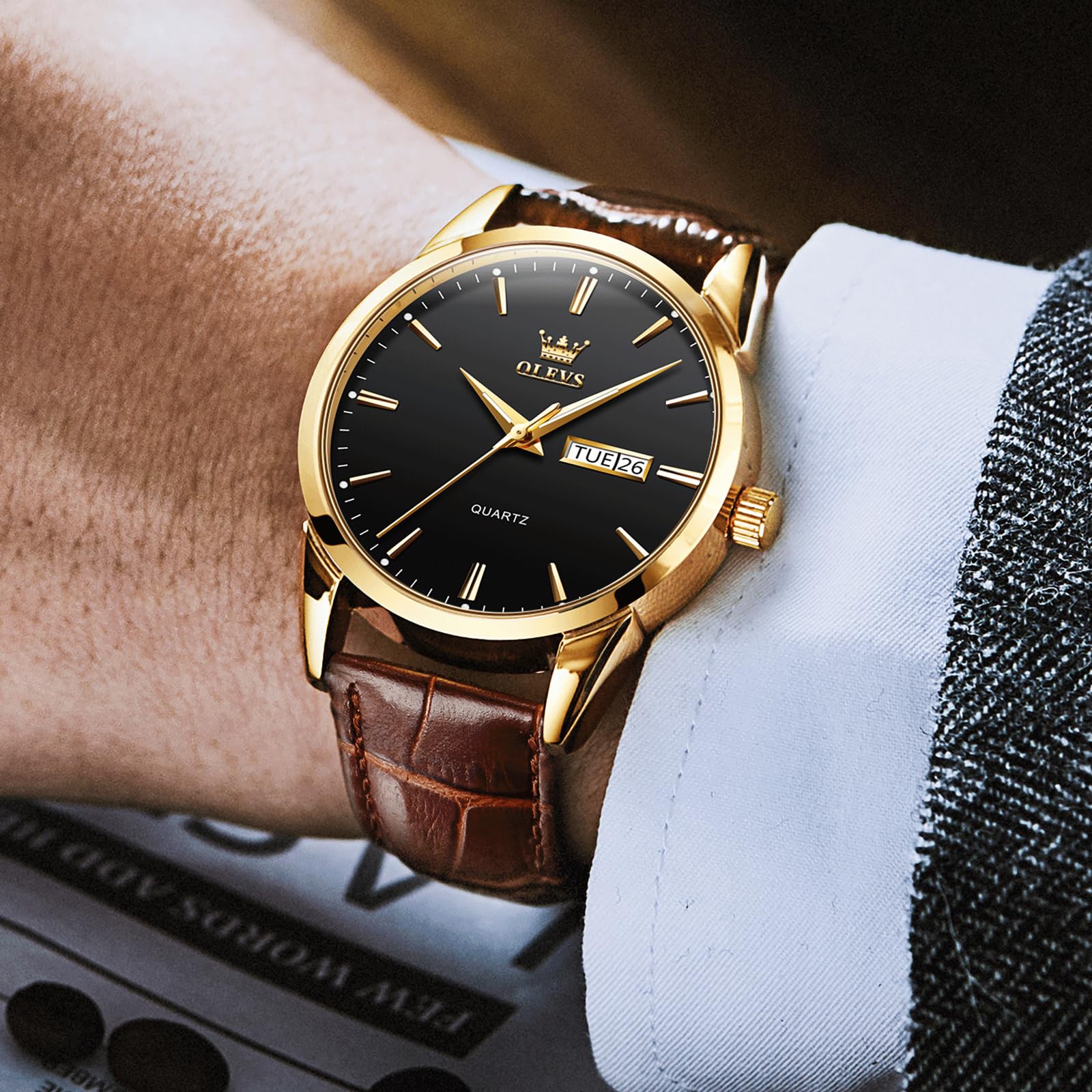 QBAIZI Mens Watches Black Face Day Date Gold Dress Watch for Men Brown Leather Band Classic Minimalist Analog Men's Wrist Watches Waterproof Reloj para Hombre