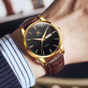 QBAIZI Mens Watches Black Face Day Date Gold Dress Watch for Men Brown Leather Band Classic Minimalist Analog Men's Wrist Watches Waterproof Reloj para Hombre