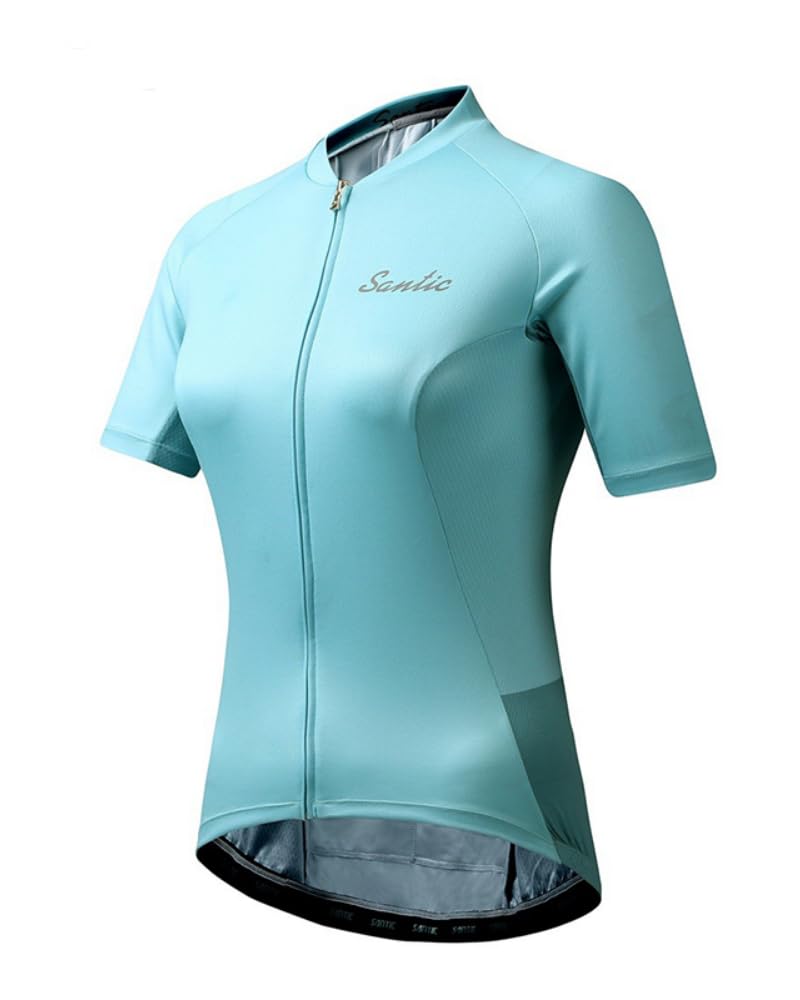 Santic Women's Cycling Jersey Short Sleeve Biking Shirt Full Zip Tops with 3 Pockets Breathable Quick Dry Blue