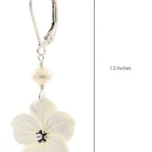 LTC Designs White Shell Flowers and White Freshwater Cultured Pearl Accent Drop Earrings with Sterling Ear Wires 3.5-4 mm for Women, Teens, and Girls