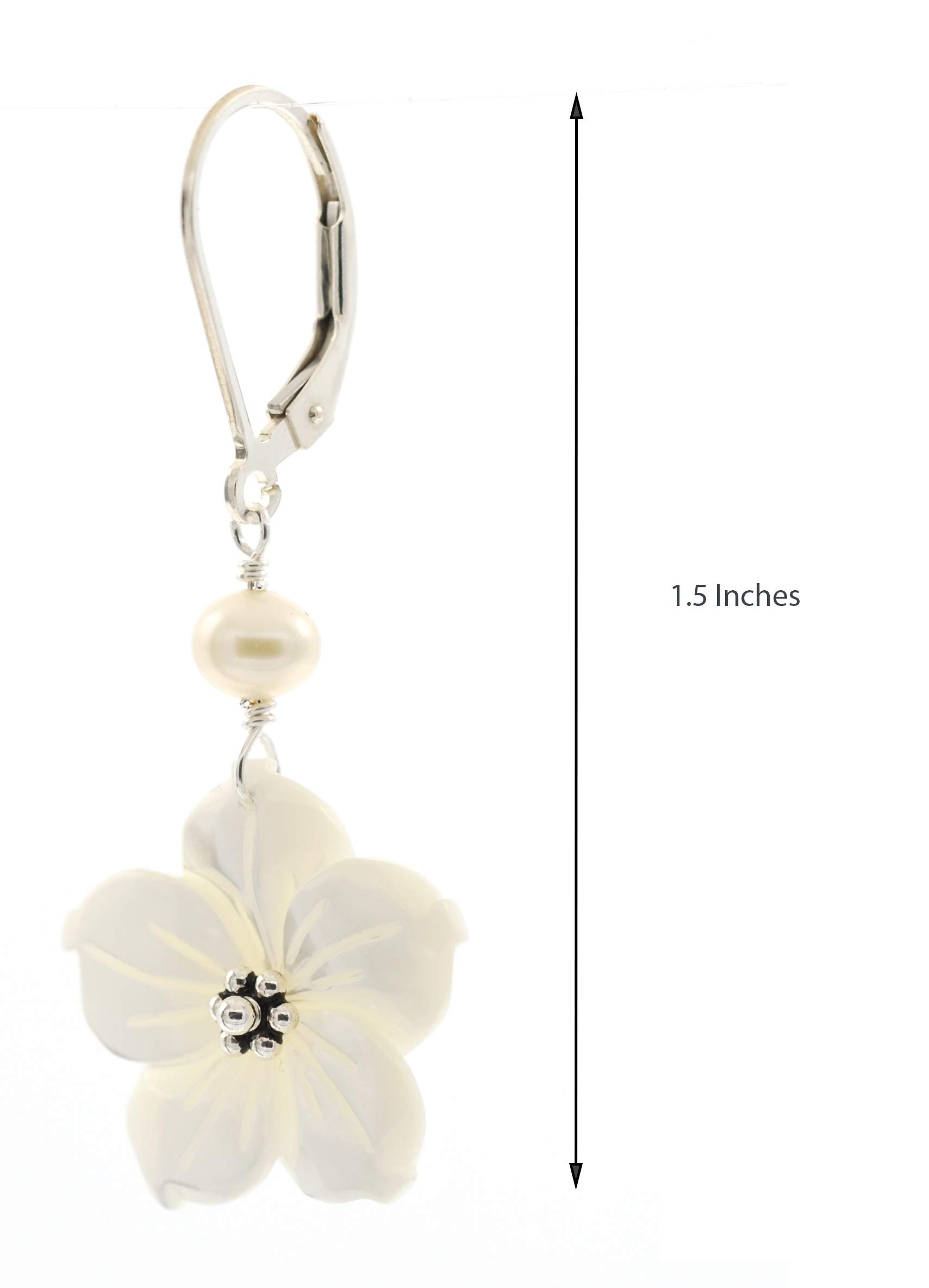 LTC Designs White Shell Flowers and White Freshwater Cultured Pearl Accent Drop Earrings with Sterling Ear Wires 3.5-4 mm for Women, Teens, and Girls