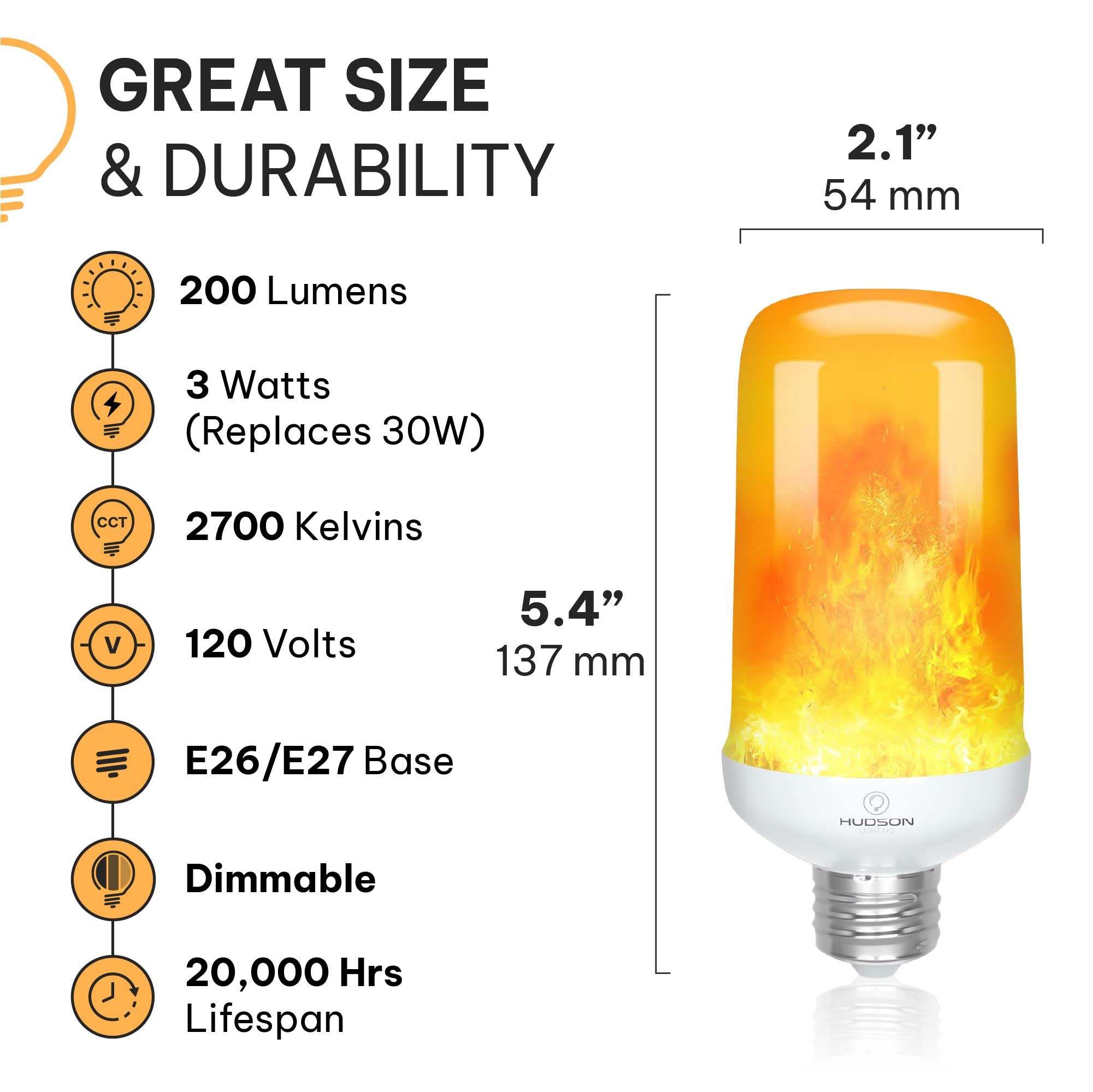 Hudson LED Flame Effect Light Bulbs with 4 Mode Upside Down Effect - 3W Flicker Flame Light Bulb E26/E27 Base (2 Pack) - Flickering Light Bulb Orange Fire Light Flame Bulb for Indoor/Outdoor/Home