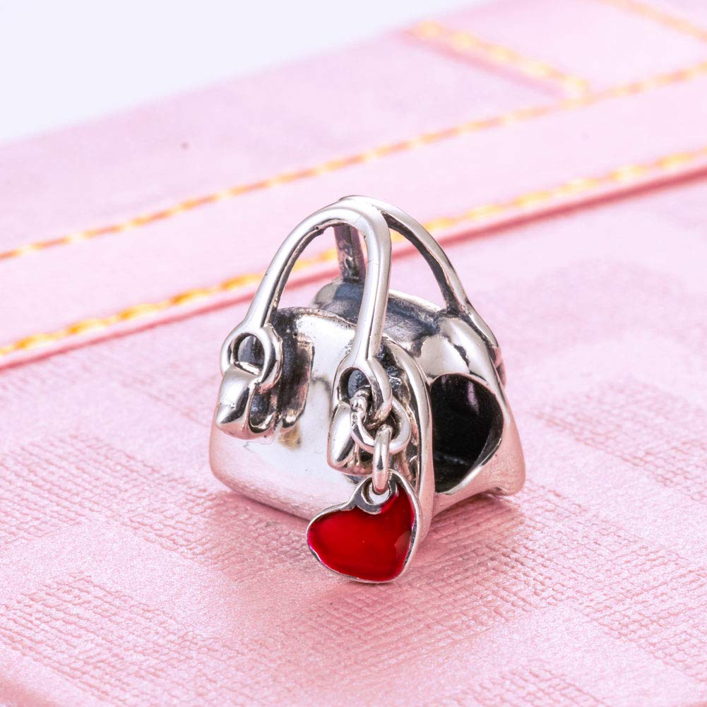 925 Sterling Silver Women Bag Charm Red Heart Charm Love Charm Anniversary Charm for Pandora Charm Bracelet