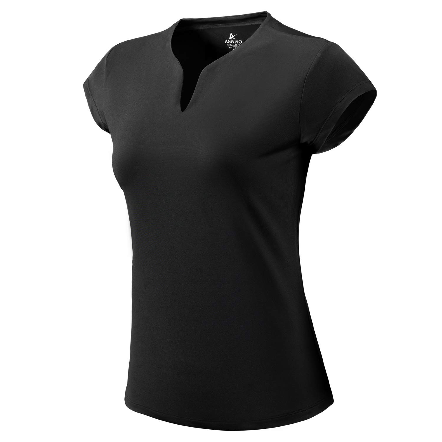 ANIVIVO Tennis Shirts for Women Short Sleeves, Solid Golf T Shirts V-Neck Running Shirts(Black,S)