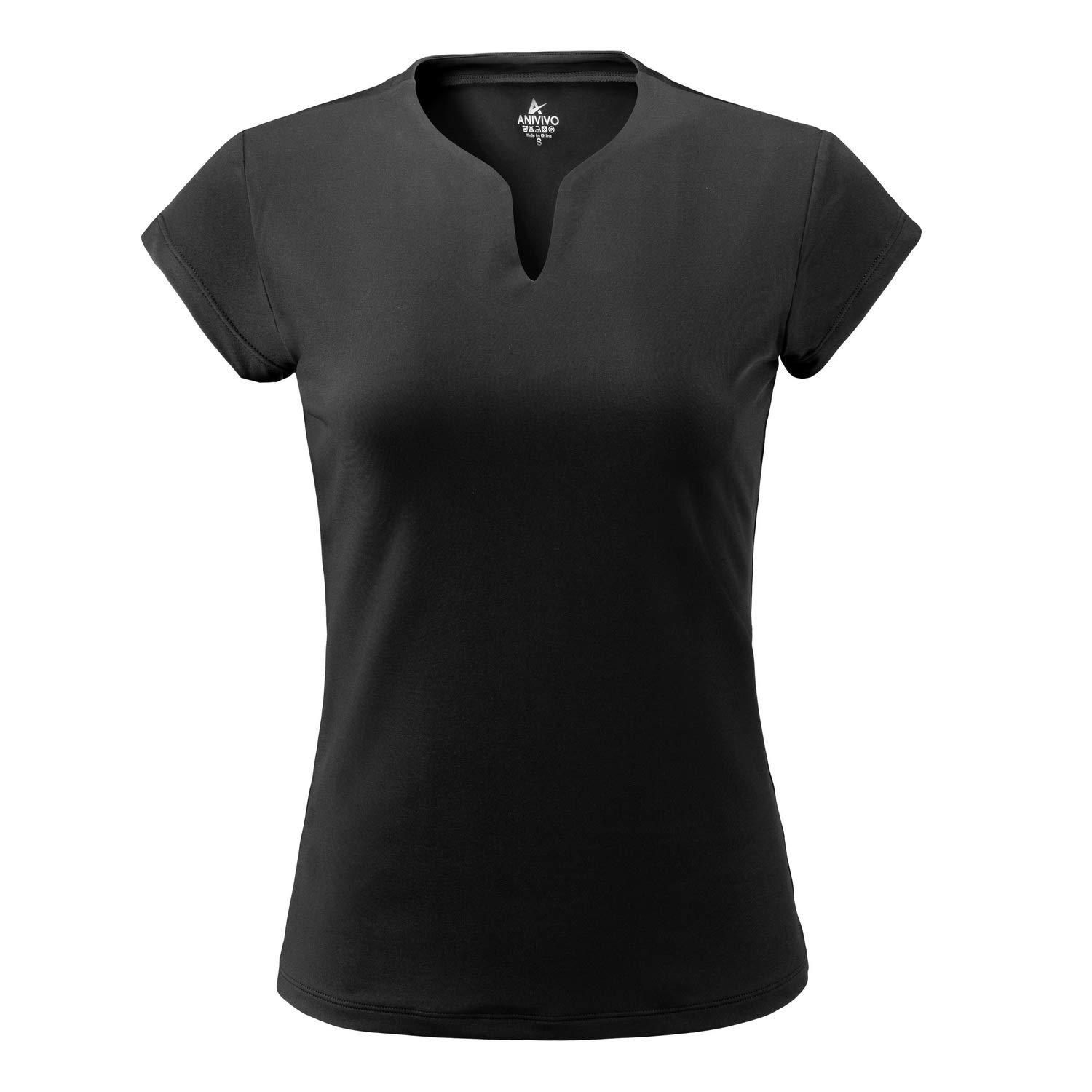 ANIVIVO Tennis Shirts for Women Short Sleeves, Solid Golf T Shirts V-Neck Running Shirts(Black,S)