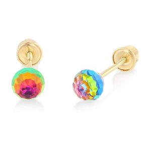 14k real gold cz rainbow crystal disco ball stud earrings for women with screw backs