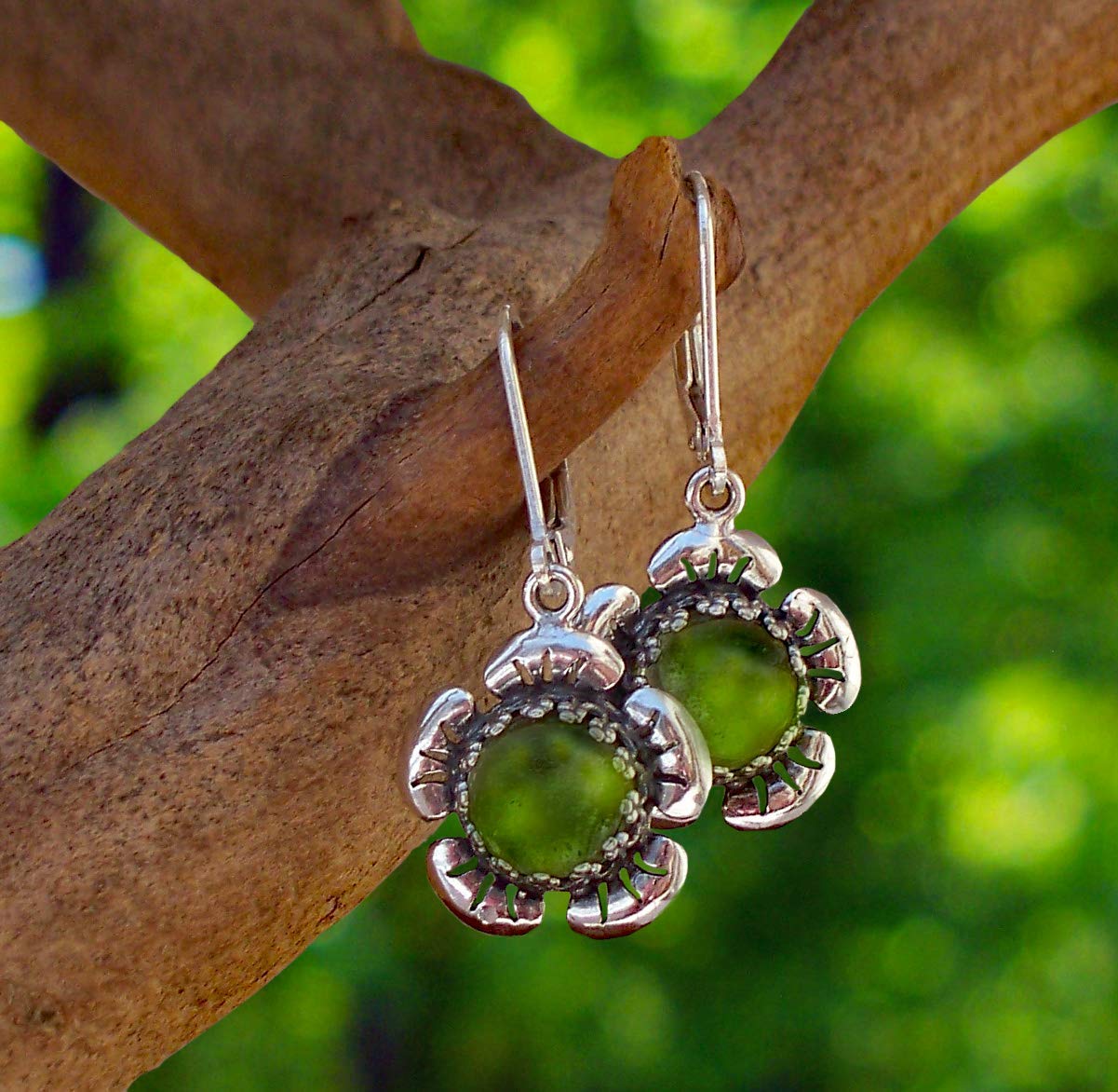 Recycled Early 1900's Olive Green Wine Bottle Sterling Silver Flower Leverback Earrings