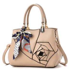 mn&sue ladies top handle satchel 3d flower women elegant handbags pu leather crossbody tote purse (#1 beige)