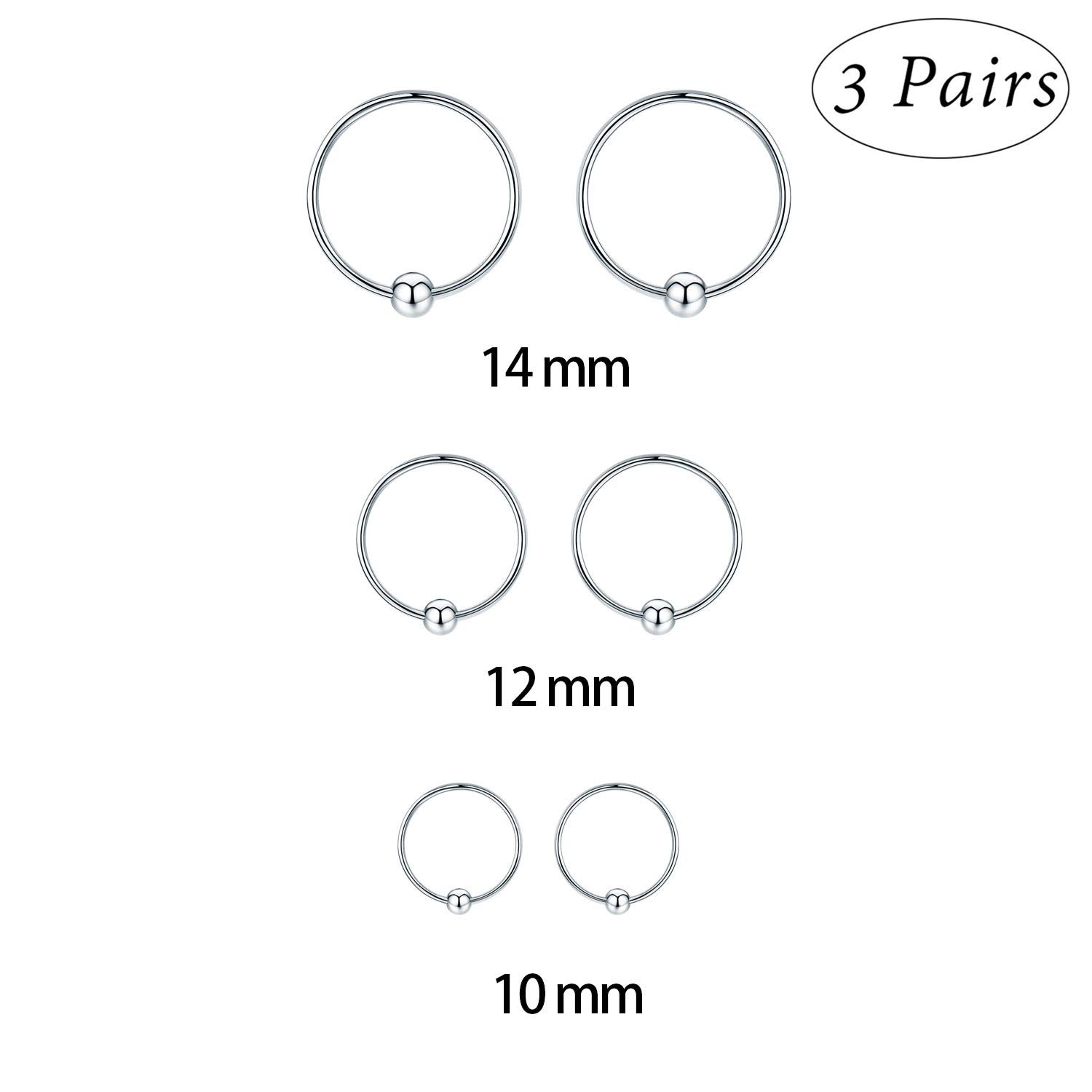 Sterling Silver Small Hoop Earrings Hypoallergenic Mini Tiny Ear Piercing Endless 20G Ball Bead Cut Nose Lip Rings Sleeper For Women (Silver-10/12/14mm)