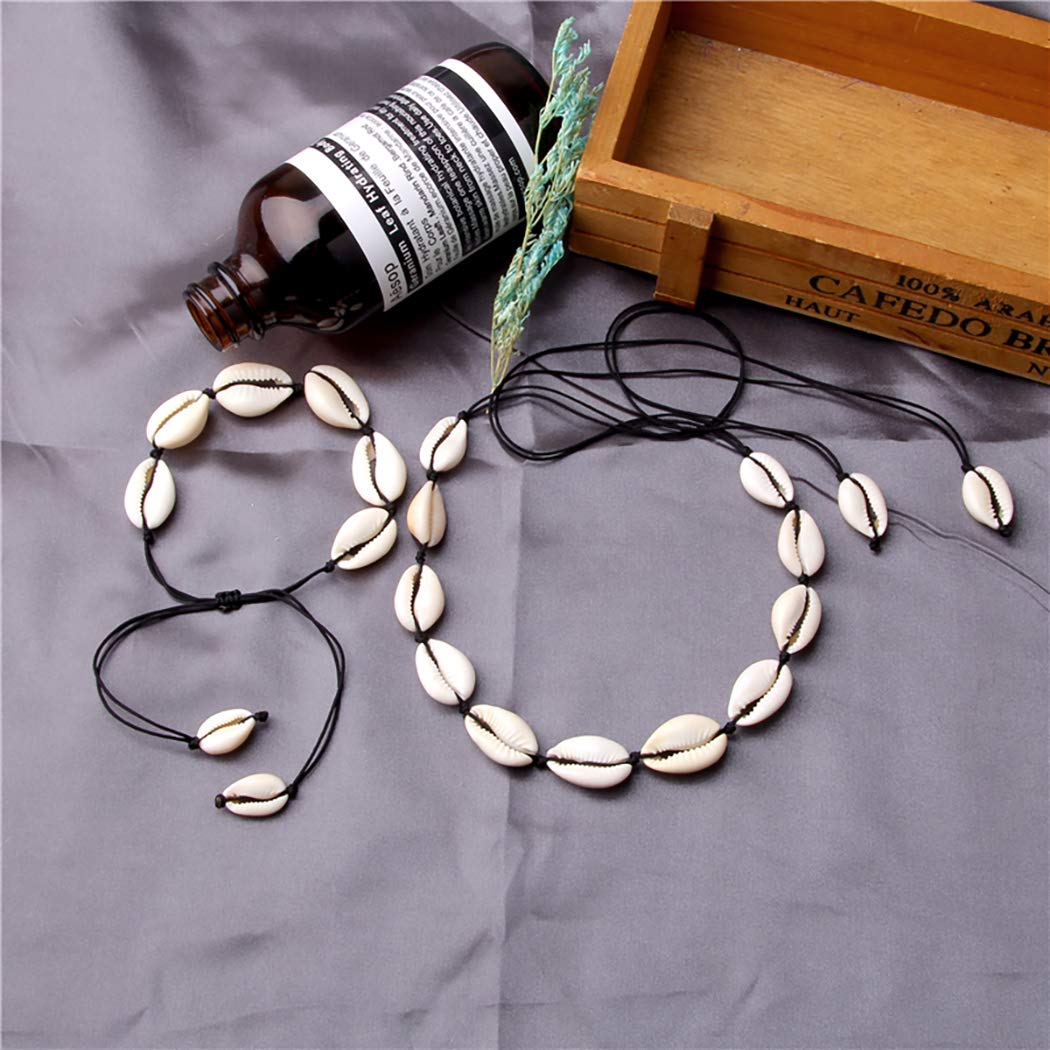 Starain 2Pcs Shell Necklace Anklet for Women Handmade Adjustable Puka Beach Shell Necklace Set