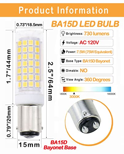 Lamsky Ba15d led Light Bulb 7.5W,B15 Double Contact Bayonet Base,120V Warm White 3000K,75W 80W JD Type T3/T4 Halogen Bulb Replacement Bulb,Not Dimmable(2-Pack)