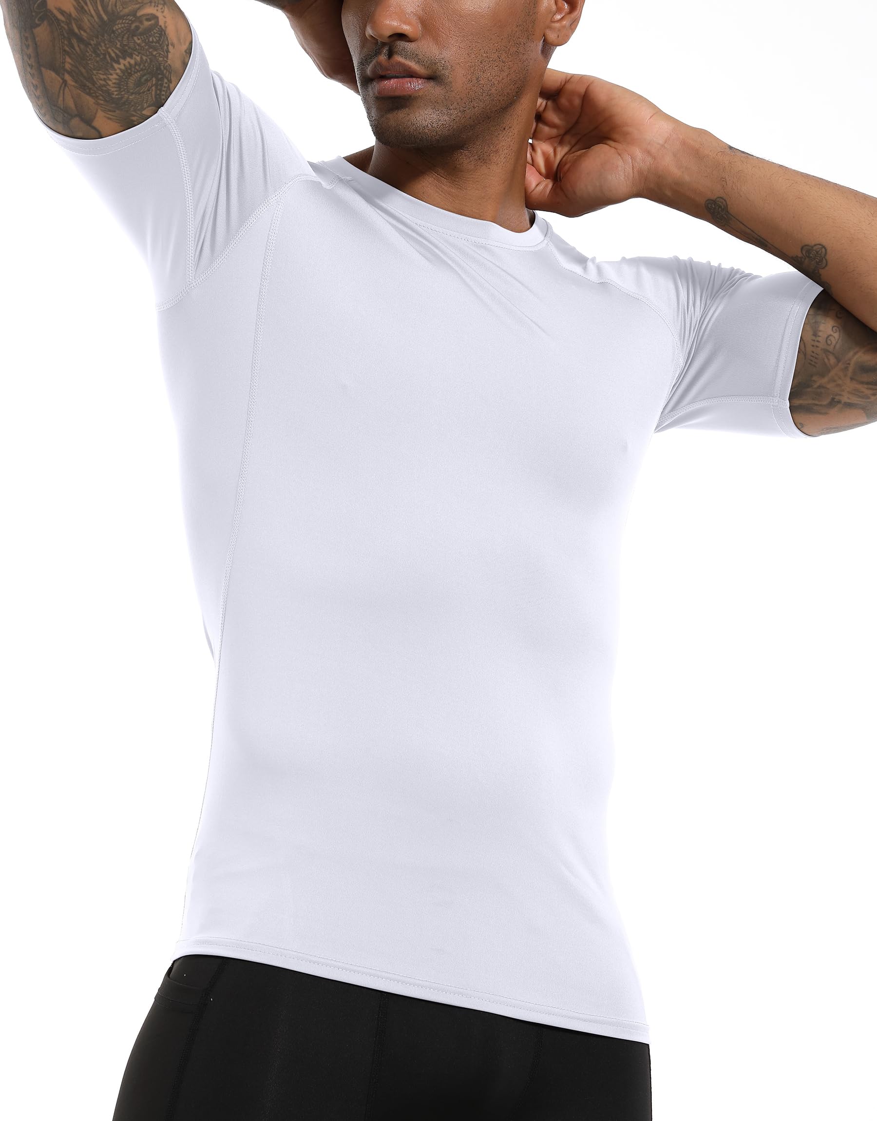 Holure Men's Workout Fitted Athletic Shirt Compression Short Sleeve Shirts White L