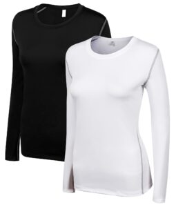 wanayou women's compression shirt dry fit long sleeve running athletic t-shirt workout tops (2 pack(black+white), x-large)