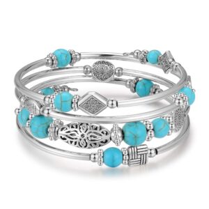 bulinlin layered wrap bangle turquoise bracelet - bead bracelet with natural agate stone, gifts for women (01-turquoise)