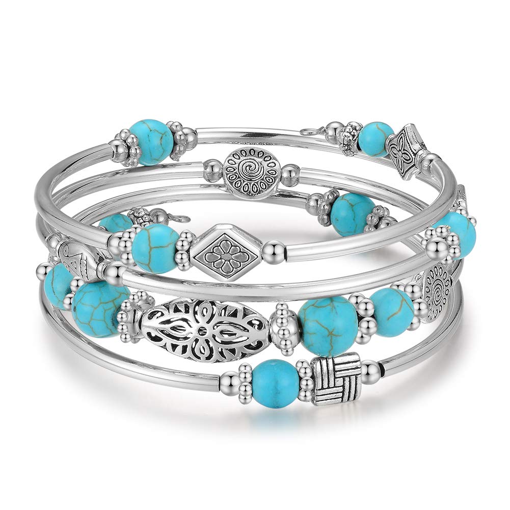 BULINLIN Layered Wrap Bangle Turquoise Bracelet - Bead Bracelet with Natural Agate Stone, Gifts For Women (01-Turquoise)