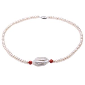 JYX Pearl Necklace Single Strand Handmade 5.5mm Flatly Round White Cultured Freshwater Pearl Necklace with Red Coral and Huge Baroque Pearl for Women 17"