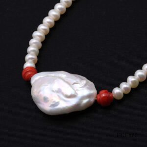 JYX Pearl Necklace Single Strand Handmade 5.5mm Flatly Round White Cultured Freshwater Pearl Necklace with Red Coral and Huge Baroque Pearl for Women 17"