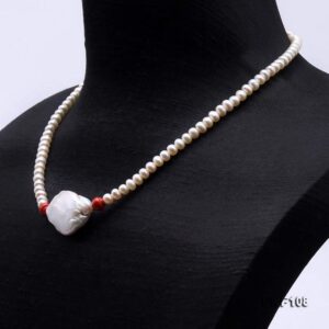 JYX Pearl Necklace Single Strand Handmade 5.5mm Flatly Round White Cultured Freshwater Pearl Necklace with Red Coral and Huge Baroque Pearl for Women 17"