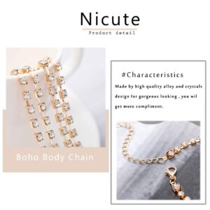 Nicute Boho Rhinestone Body Chain Crystal Bikini Bra Chains Summer Beach Body Jewelry for Women and Girls (Gold)