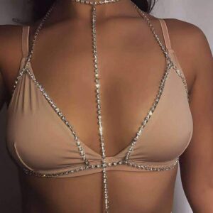 Nicute Boho Rhinestone Body Chain Crystal Bikini Bra Chains Summer Beach Body Jewelry for Women and Girls (Gold)