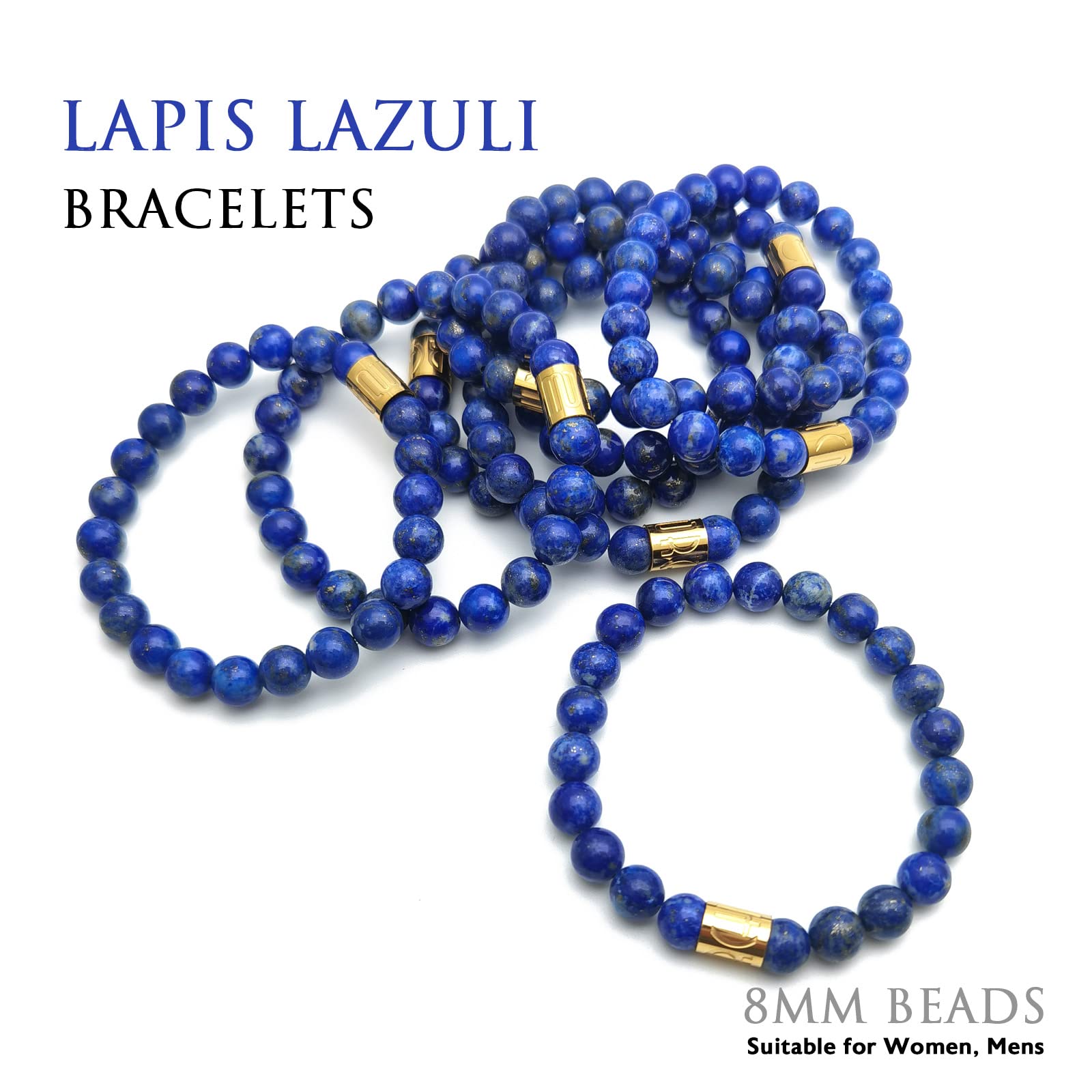 Morchic Lapis Lazuli Stone Gem Semi Precious Stretch Bracelet for Women Men Unisex, Real Natural Blue Gemstone 8mm Beads, Classic Simple Design Cuff Birthday Gift 7.5 Inch