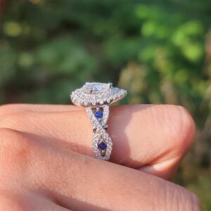 DovEggs Moissanite Engagement Ring for Women,Moissanite Rings 3ctw Total GHI Color Pear CutVintage Double Halo Split Shank Wedding Ring Moissanite&Blue Sapphire 14K Gold Quality Sterling Silver(6)