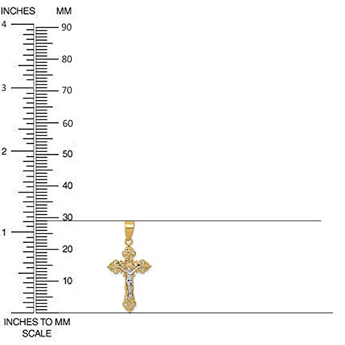 Diamond2Deal Gift for Mothers Day 14k Gold Two-tone Small Lacey-edged INRI Religious Crucifix Cross Pendant Fine Jewelry for Women (L- 29 mm, W- 14 mm)