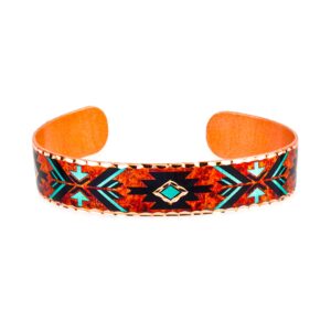 front line jewelry native american copper bracelets feature maroon & turquoise color native tribal pattern design flame painted vintage style arrow cuff bracelets