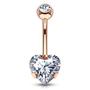 amelia fashion 14ga 8mm cz heart prong set belly button/navel ring 316l surgical steel (rose gold/clear)