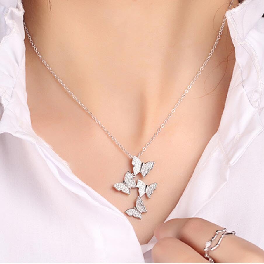 XINSHUN Real 925 Sterling Silver Long Zircon Butterfly Necklaces Necklace for Women Ladies