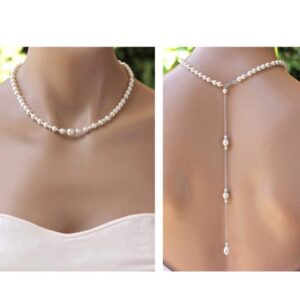 1PCS Exquisite Imitation Pearls Necklace Sexy Tassel Backdrop Necklace Long Body Chain Pendant Backless Dress Accessories Decoration Bikini Bodychain for Women Girls Wedding Brides and Prom