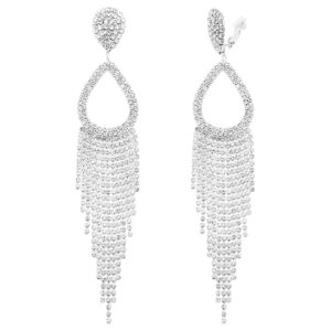 Rosemarie Collections Women's Stunning Bejeweled Crystal Rhinestone Teardrop Fringe Statement Shoulder Duster Earrings, 5.75" (CLIP ON Silver Tone)