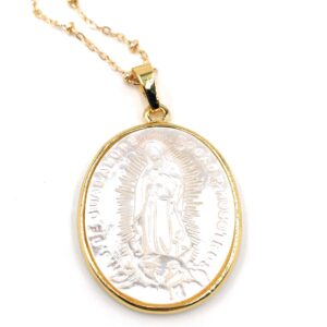 LESLIE BOULES Mother of Pearl Guadalupe Medal Pendant Necklace for Women 18K Gold Plated Chain