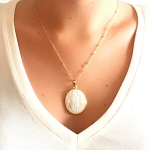 LESLIE BOULES Mother of Pearl Guadalupe Medal Pendant Necklace for Women 18K Gold Plated Chain