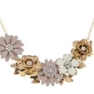 Alilang Womens Flower Rhinestones Pearl Statement Bib Golden Tone Necklace with Gray Yellow Enamel, Light Pink