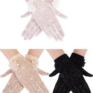 3 Pairs Women Lace Gloves Dress Gloves Floral Lace Gloves for Tea Party Wedding Dinner(Black, White, Skin Color)