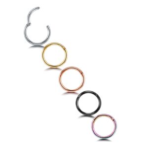 xpircn 5pcs 16g stainless steel nose rings hoop hinged segment septum clicker daith tragus helix cartilage earrings piercing for women men (mixed color, 16g 8mm, 5pcs)