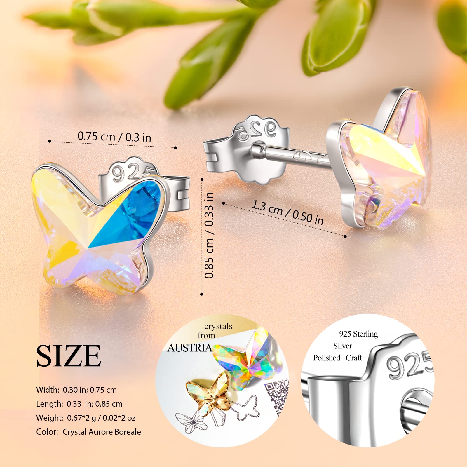 ANGEL NINA Butterfly Earrings for Women Sterling Silver Stud Crystal Hypoallergenic Women Jewelry Birthday Gifts Aurora Borealis