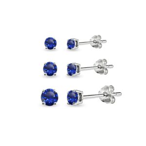 blue earrings for women sterling silver studs synthetic spinel gemstone sapphire earring jewelry set for bridesmaids fashion trendy gift, 3mm 4mm 5mm, 3-pairs