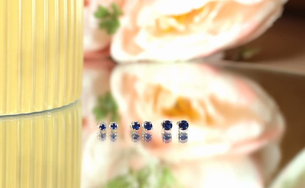 Blue Earrings for Women Sterling Silver Studs Synthetic Spinel Gemstone Sapphire Earring Jewelry Set for Bridesmaids Fashion Trendy Gift, 3mm 4mm 5mm, 3-Pairs