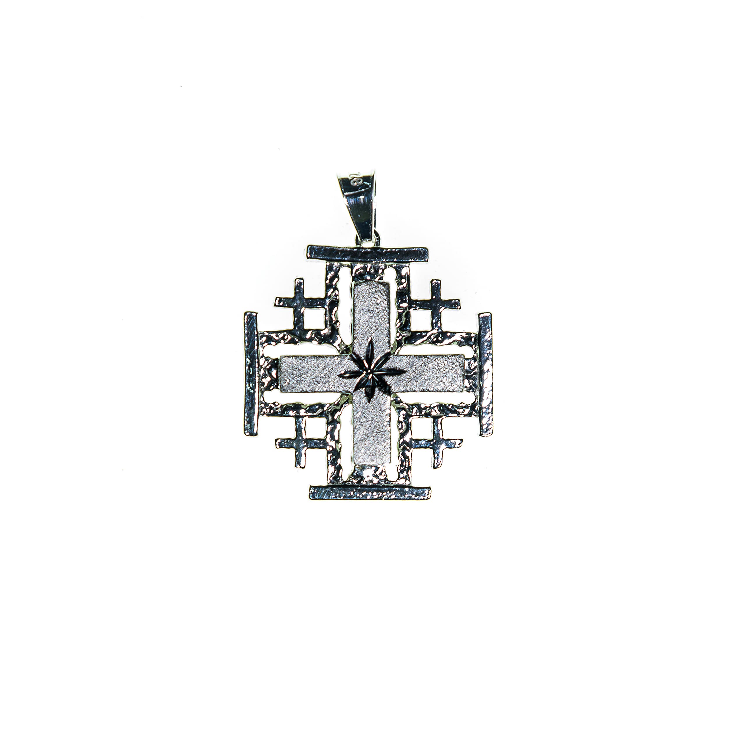 Sterling Silver (925) Jerusalem Crusader's cross Pendant. Handcrafted in the Holy Land. Two layer cross with Bethlehem star hand engraved.