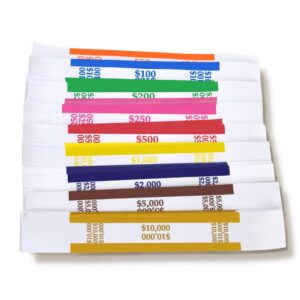 essential currency straps –450 assorted bill wrappers, money bands to organize bills, aba standard colors, self-adhesive, 7.5 x 1.15 inches (450 assorted/ 50 of each)